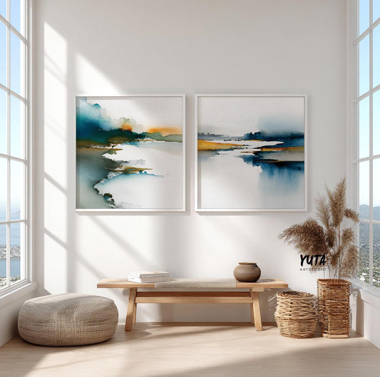 Abstract landscape watercolor art in blue and mustard tones