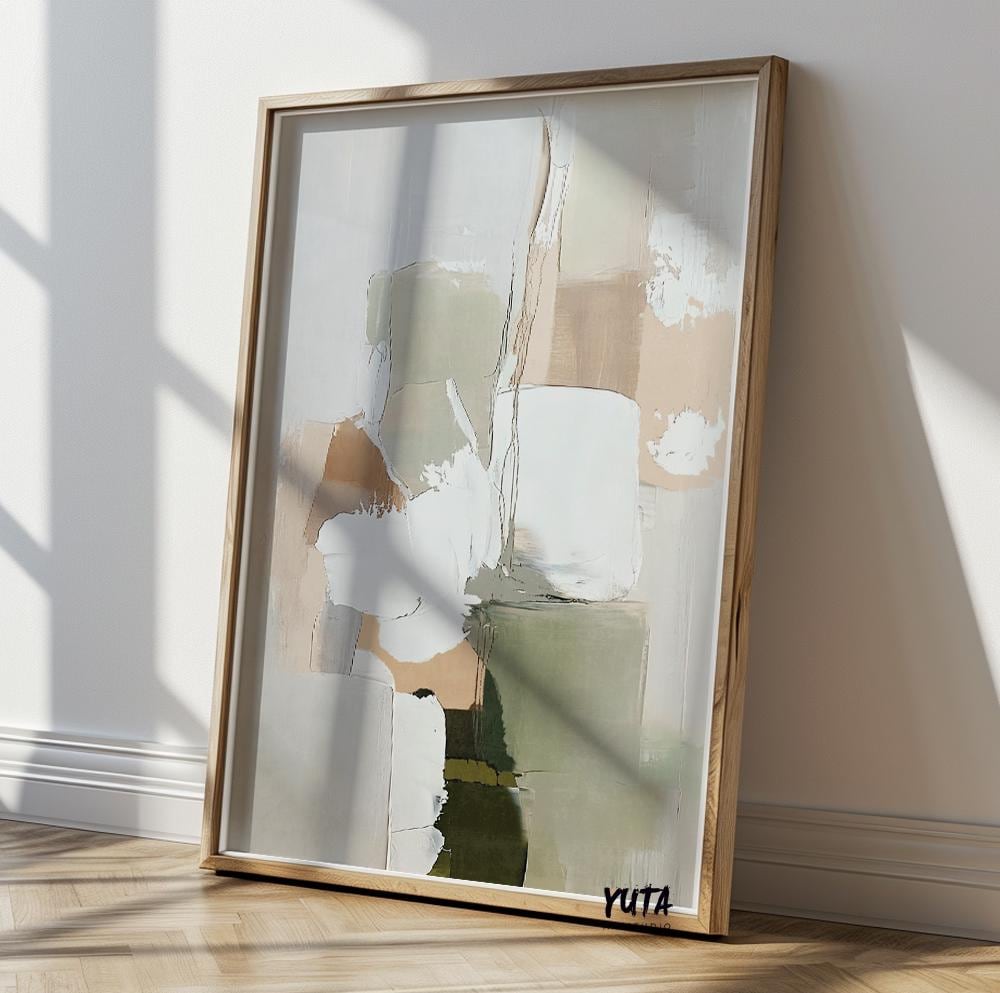 Minimalist abstract home decor, neutral wall art featuring beige and green.