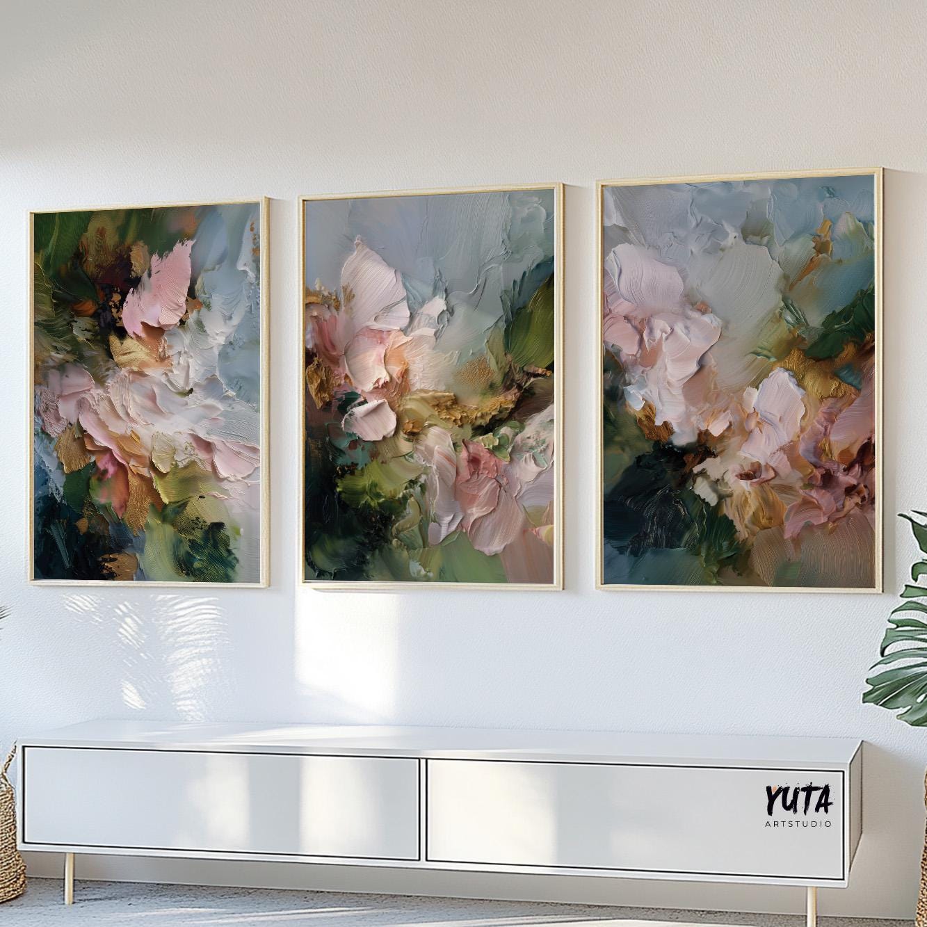 Organic abstract floral artwork featuring textured pink petals, emerald greens, and gold highlights.