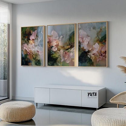 Vibrant floral abstract art print with thick textured strokes and pastel pink petals blending into deep greens.
