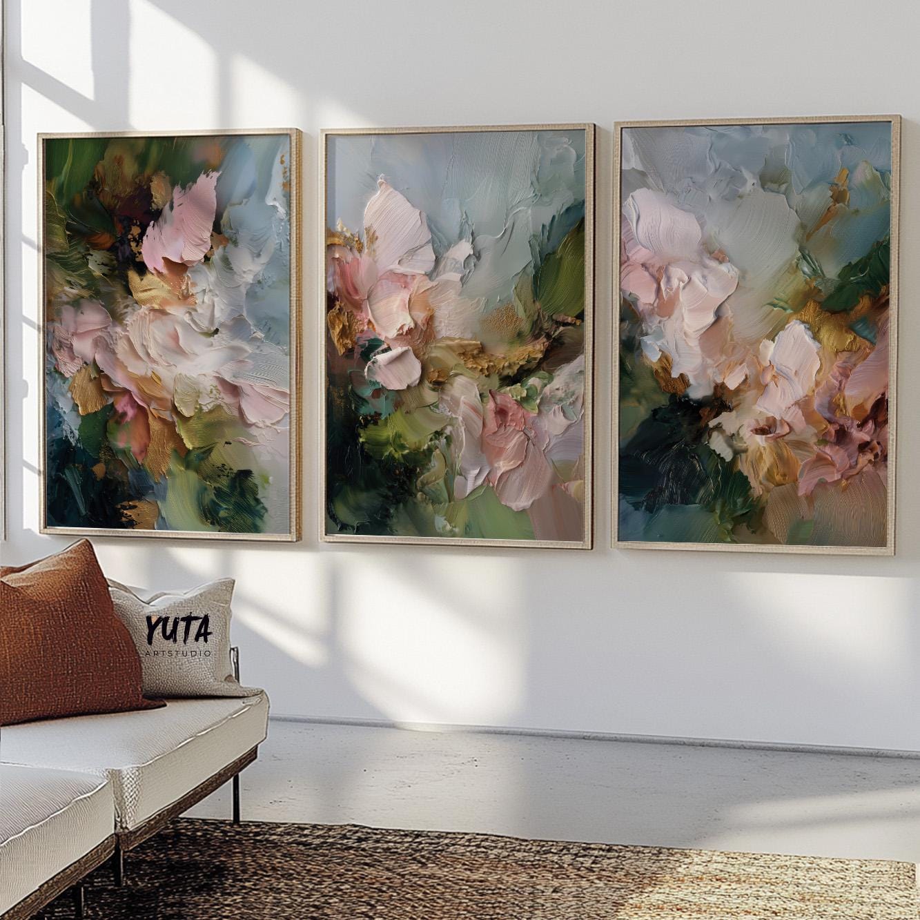 Contemporary abstract botanical artwork using impasto technique with pink flowers and mossy green shades.