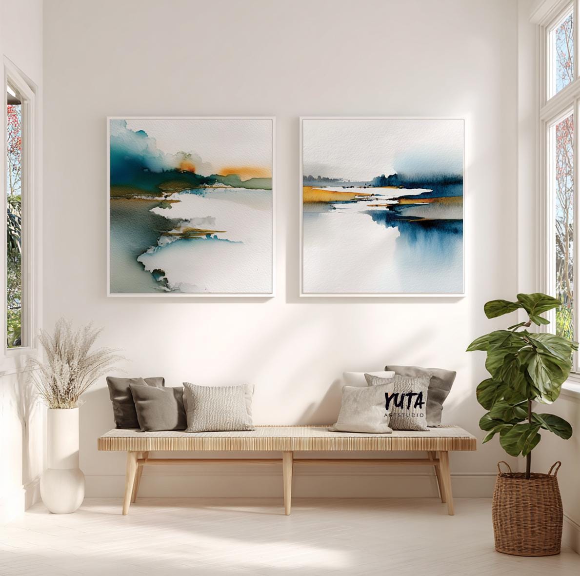 Two-piece abstract landscape artwork with teal gradients and soft texture.