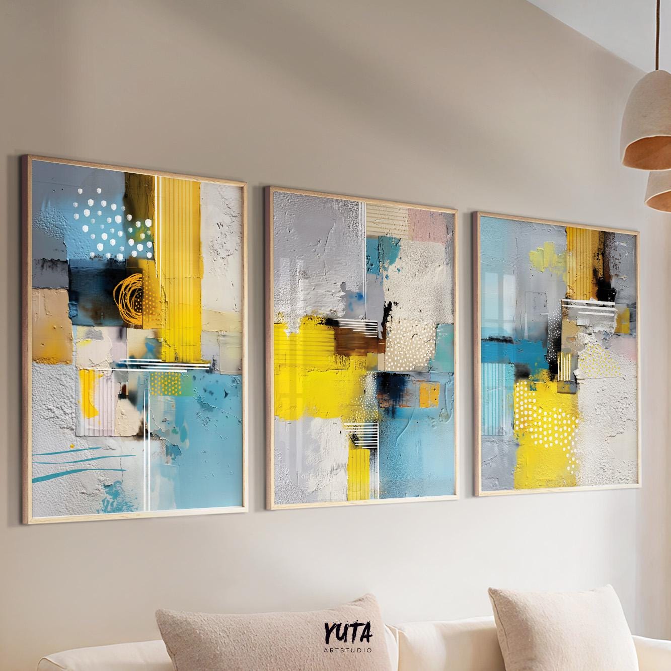 Contemporary abstract triptych featuring bold color blocks and soft gradients