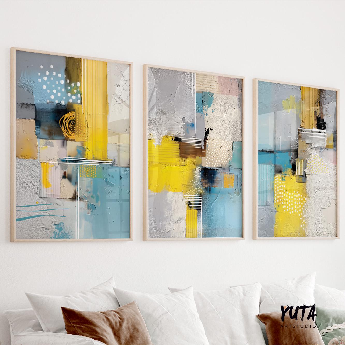 Modern abstract wall art set of three with yellow, blue and white textures