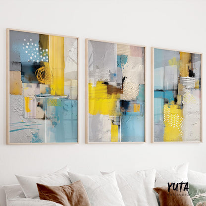 Modern abstract wall art set of three with yellow, blue and white textures
