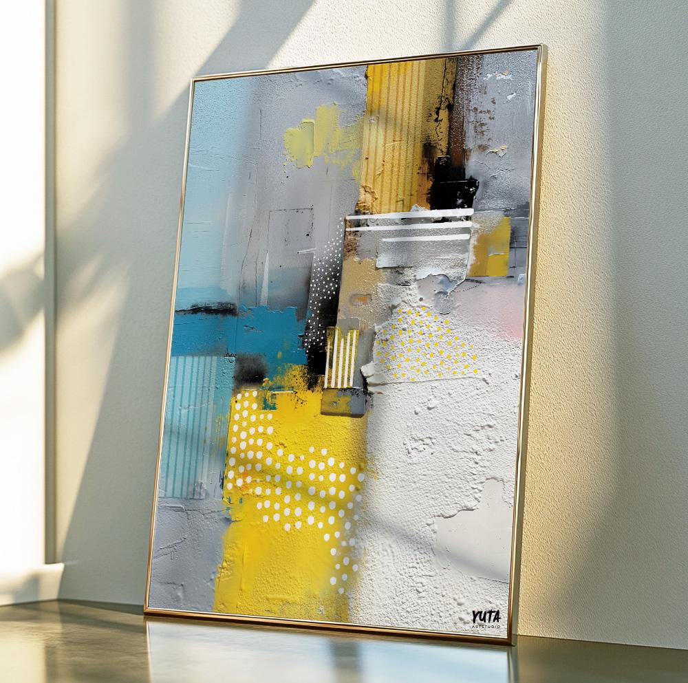 Color block abstract decor in yellow and teal tones for neutral interiors