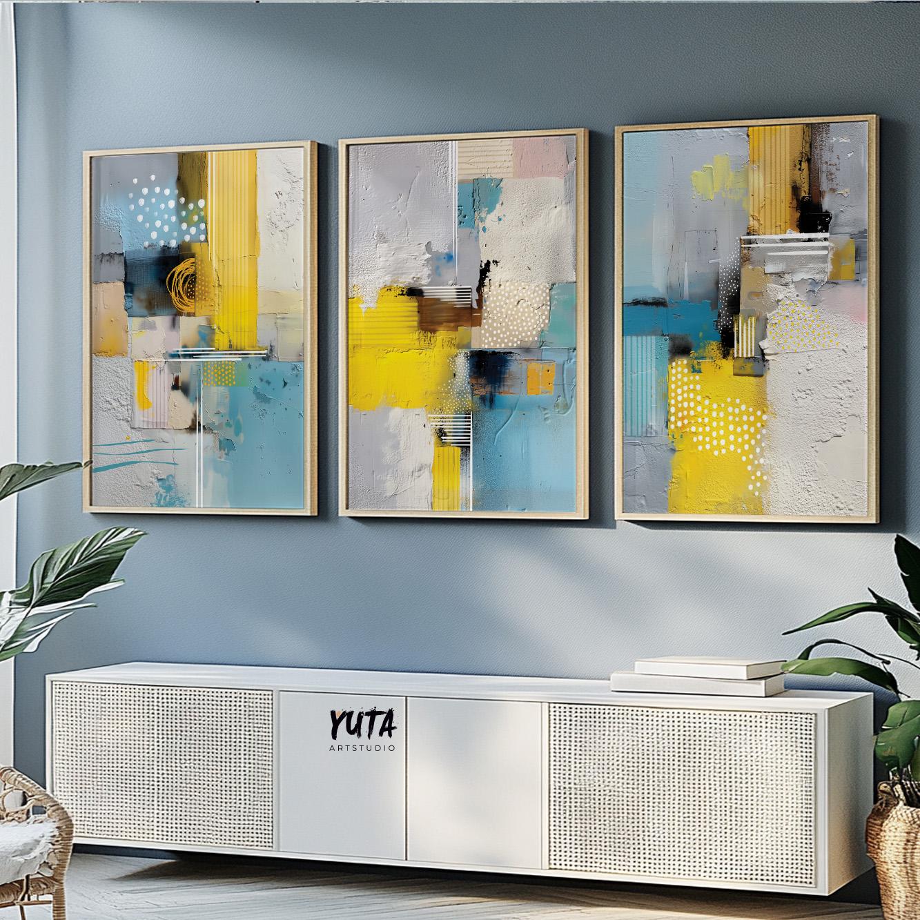 Minimalist modern wall art trio with bright accent colors and subtle patterns