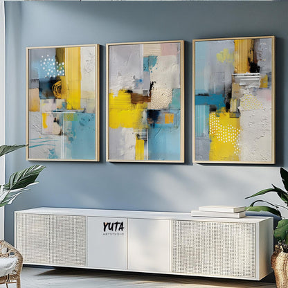 Minimalist modern wall art trio with bright accent colors and subtle patterns