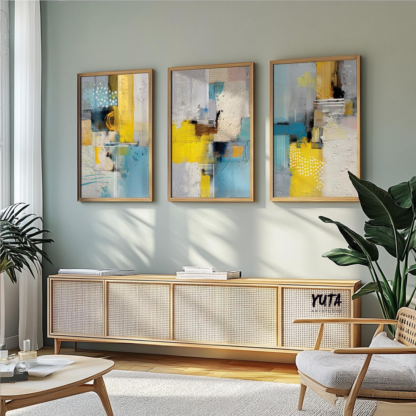 Textured geometric abstract art set of 3 with blue, grey and yellow tones