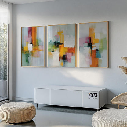 Large abstract art set in orange, teal, green and soft neutral shades