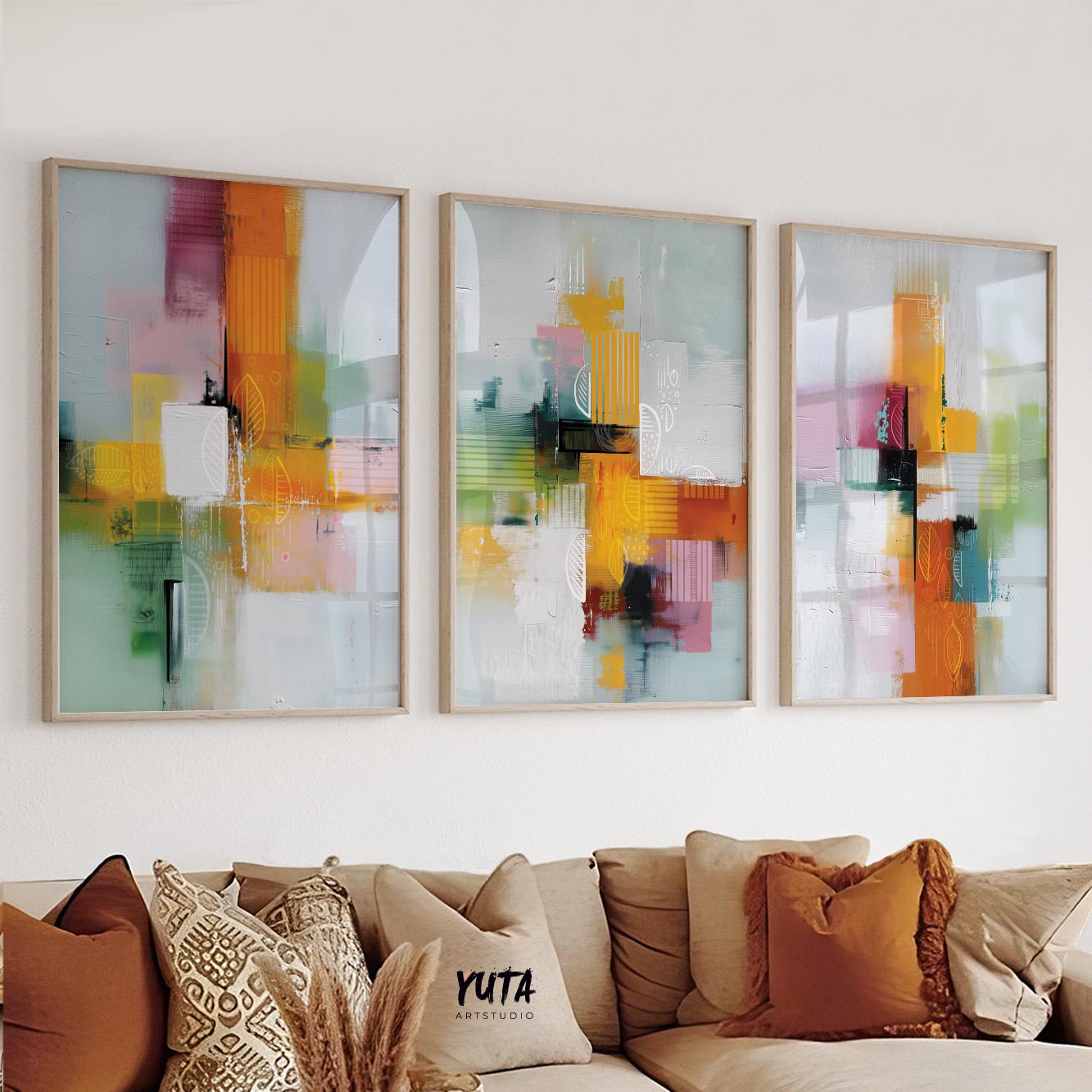 Colorful abstract canvas prints with textured mixed-media look