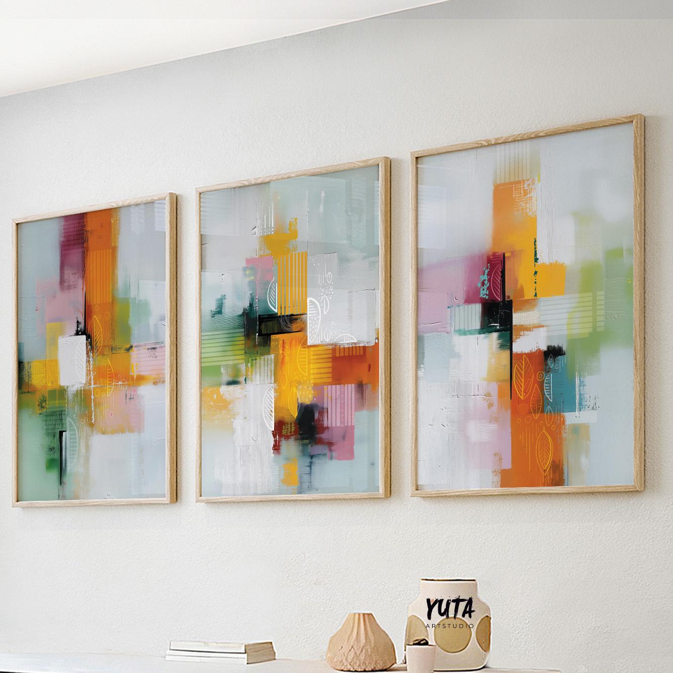 Modern abstract wall art set of 3 with colorful geometric brushstrokes