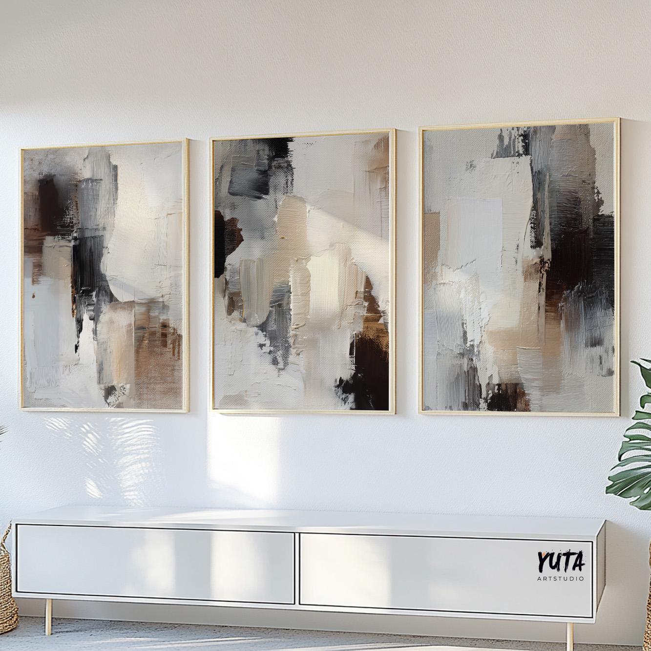 Soft modern abstract print featuring muted tones and textured paint layering.