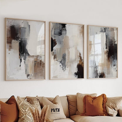 Textured abstract art print with layered neutral colors and expressive brush patterns.