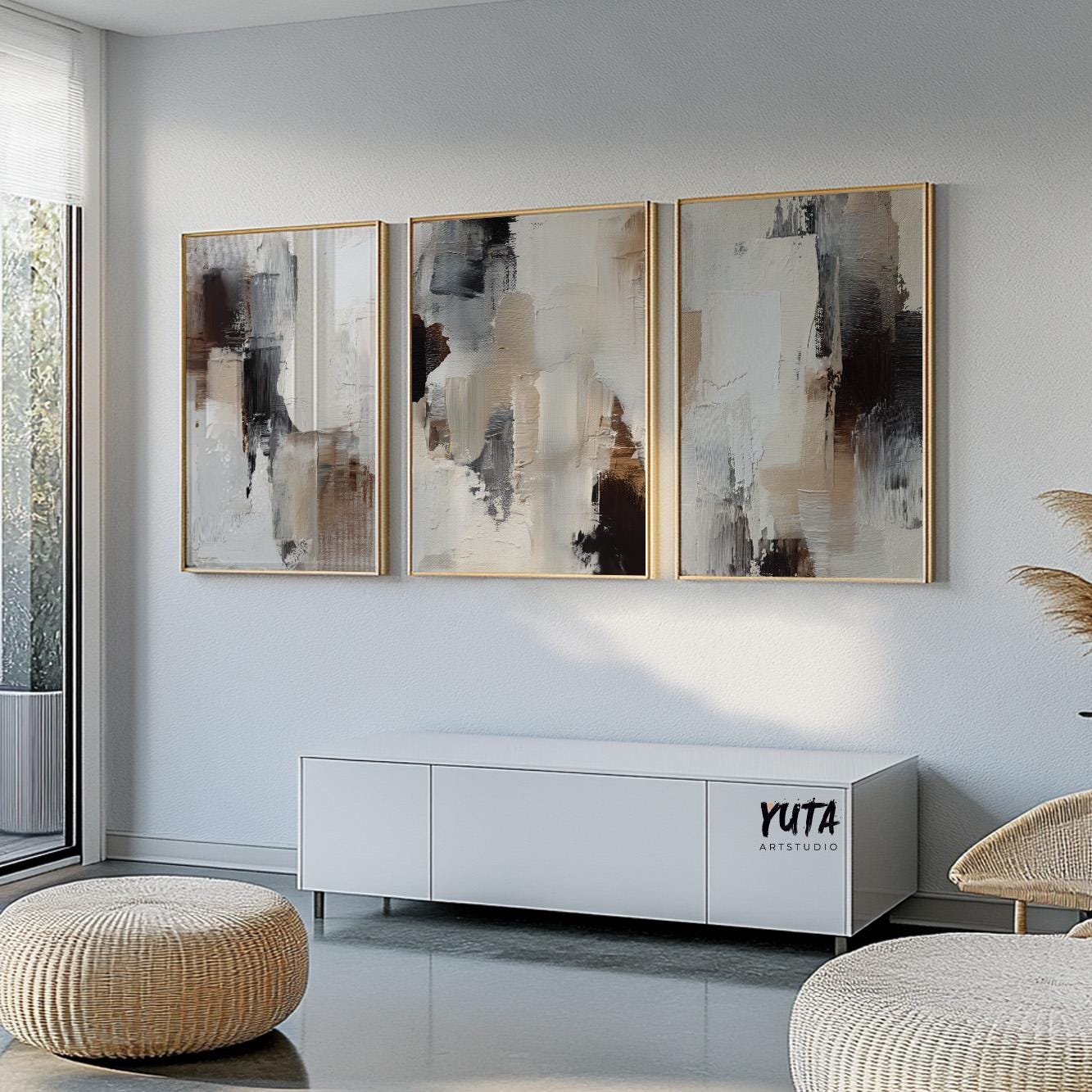 Contemporary abstract piece with structured brushstrokes in warm neutrals and soft greys.