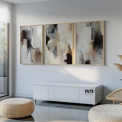 Contemporary abstract piece with structured brushstrokes in warm neutrals and soft greys.
