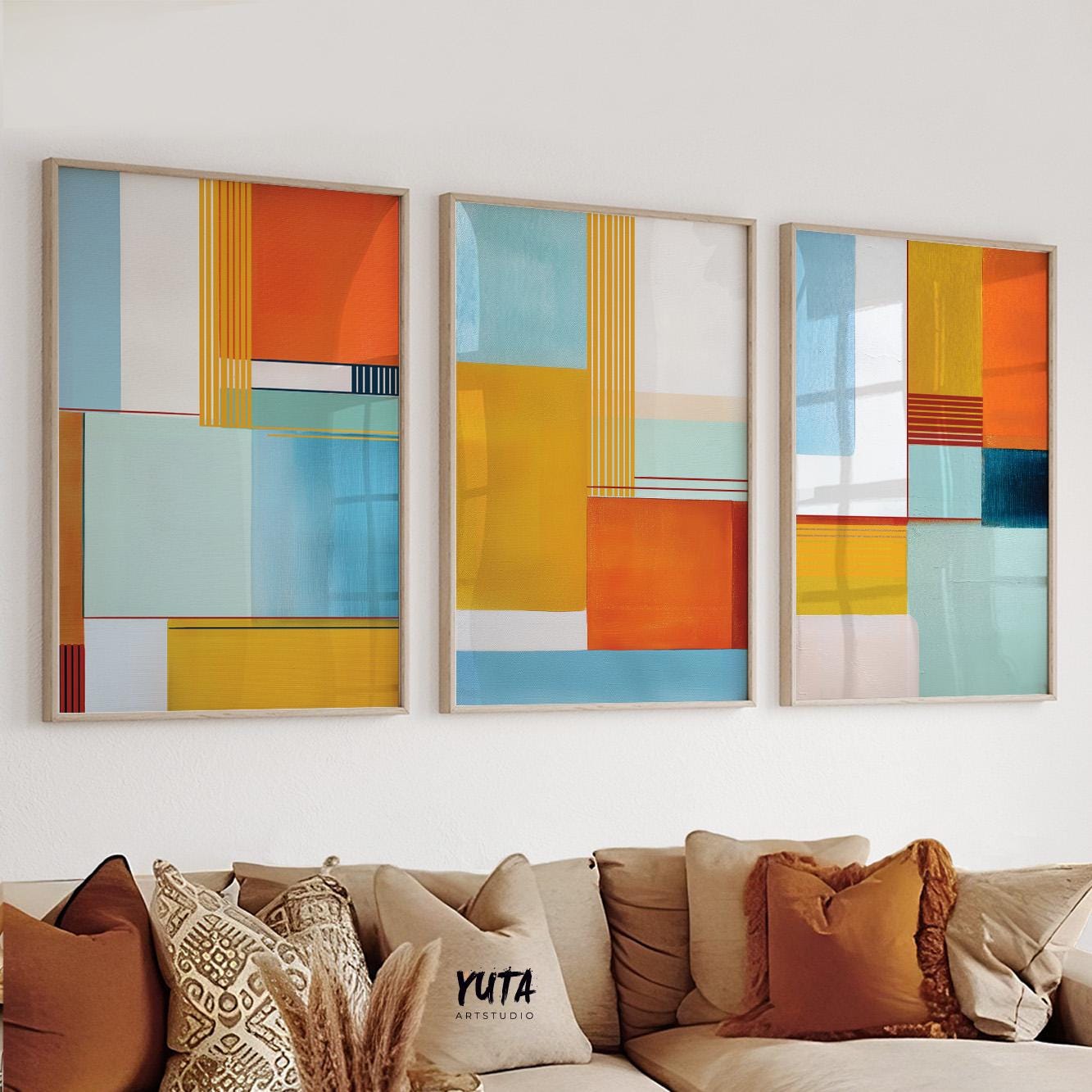 Contemporary abstract composition with layered color fields and clean linear elements.