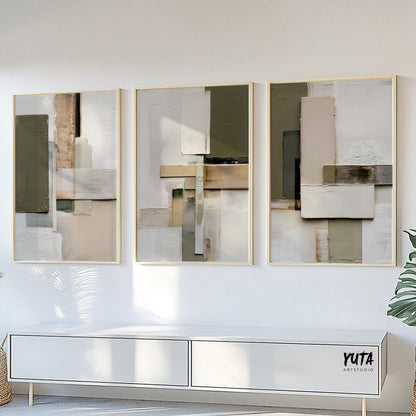 Earthy abstract artwork with layered beige blocks and hints of olive green.