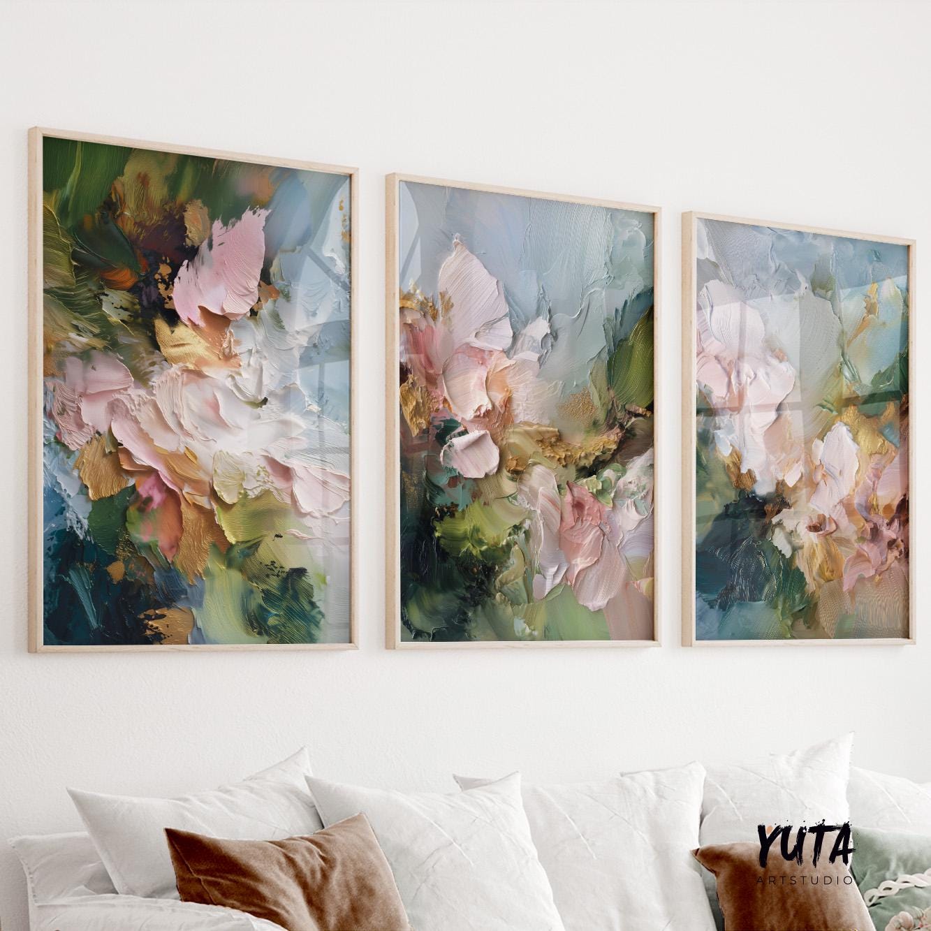Abstract floral painting with textured pink petals, green foliage, and gold accents in expressive brushstrokes.