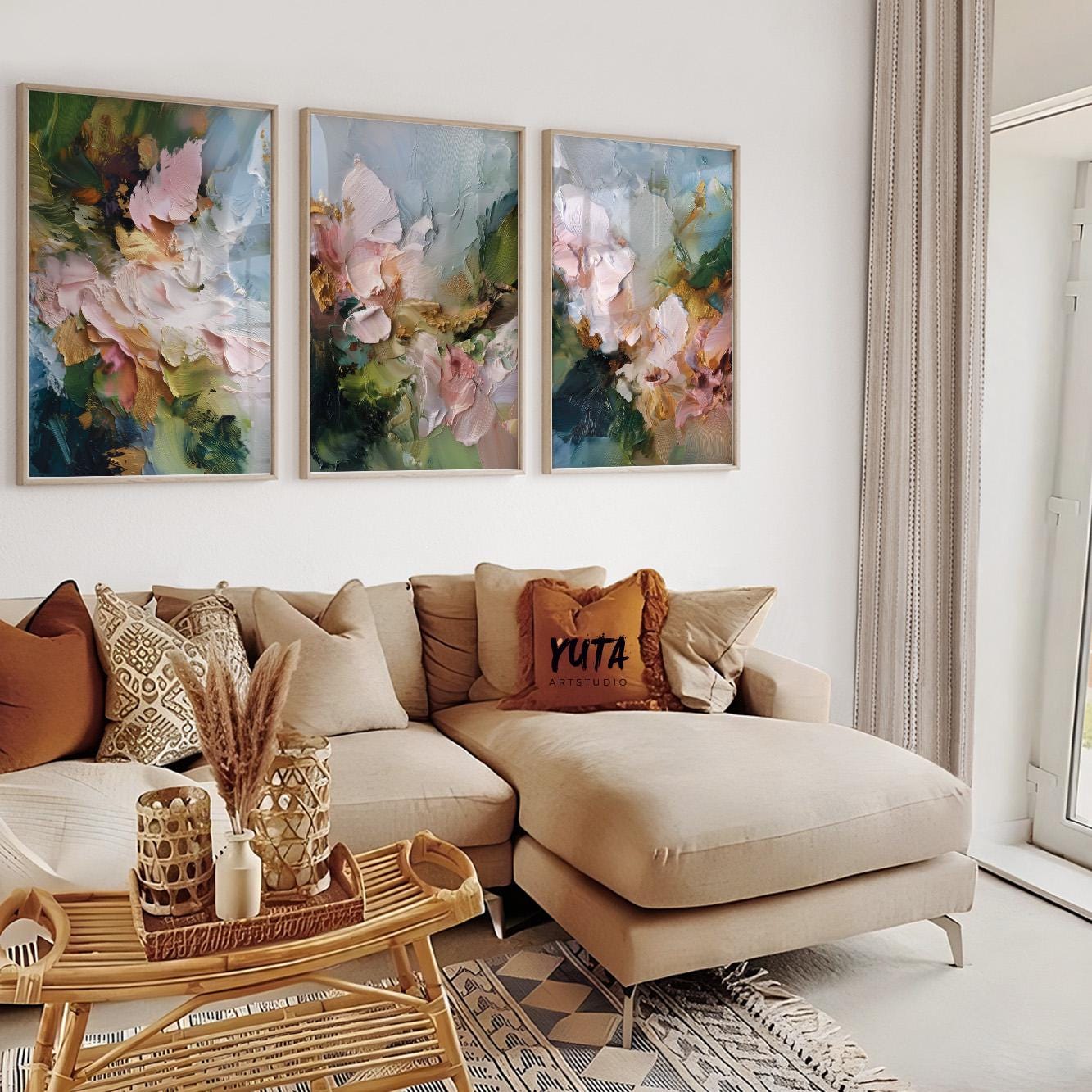 Modern abstract floral composition with bold impasto brushstrokes in pink, green, blue, and gold tones