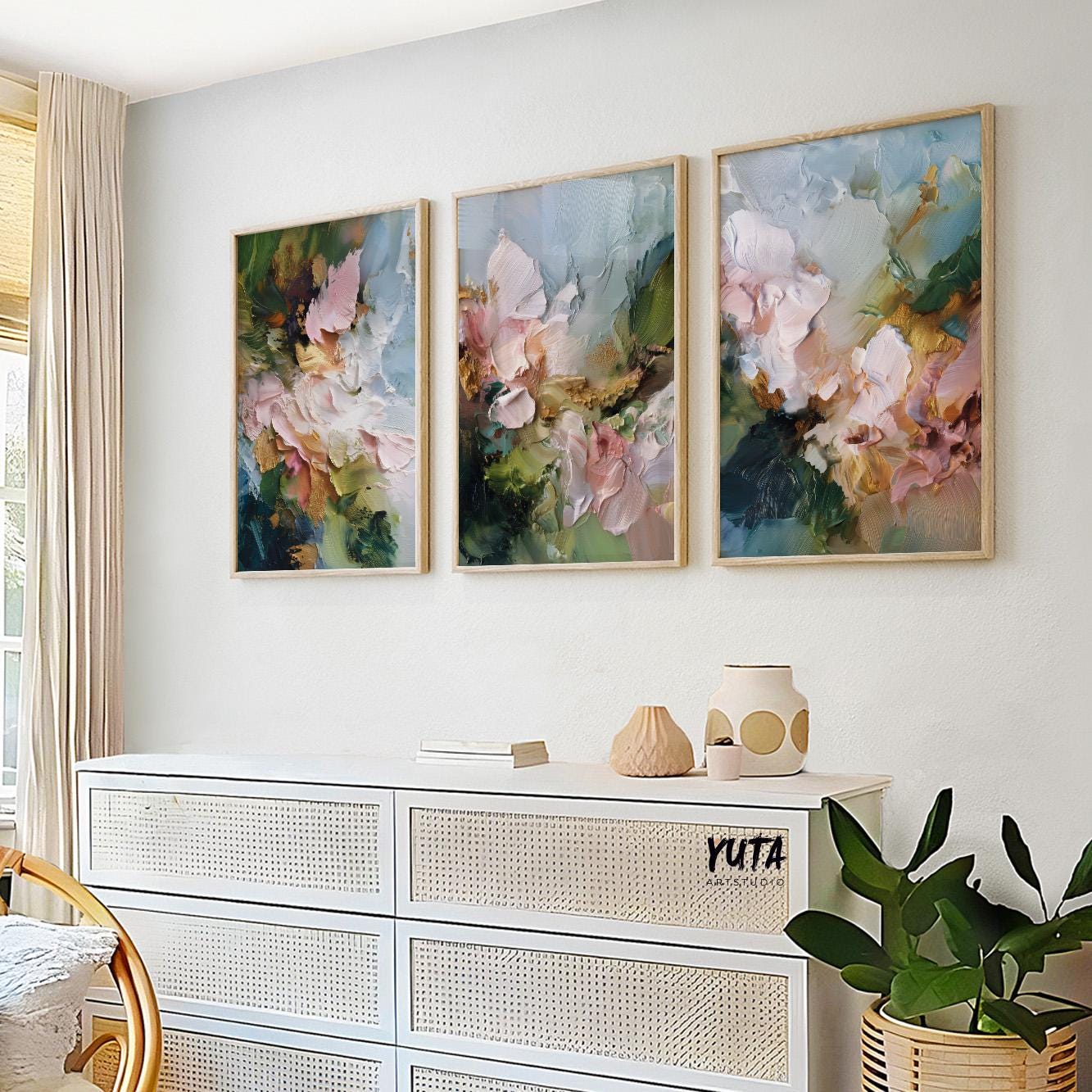 Textured abstract flower artwork featuring soft pink blooms with layered green and gold paint details.