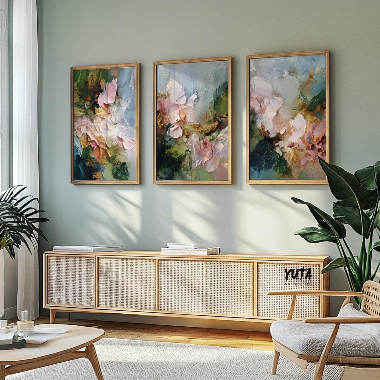 Vibrant floral abstract art print with thick textured strokes and pastel pink petals blending into deep greens.