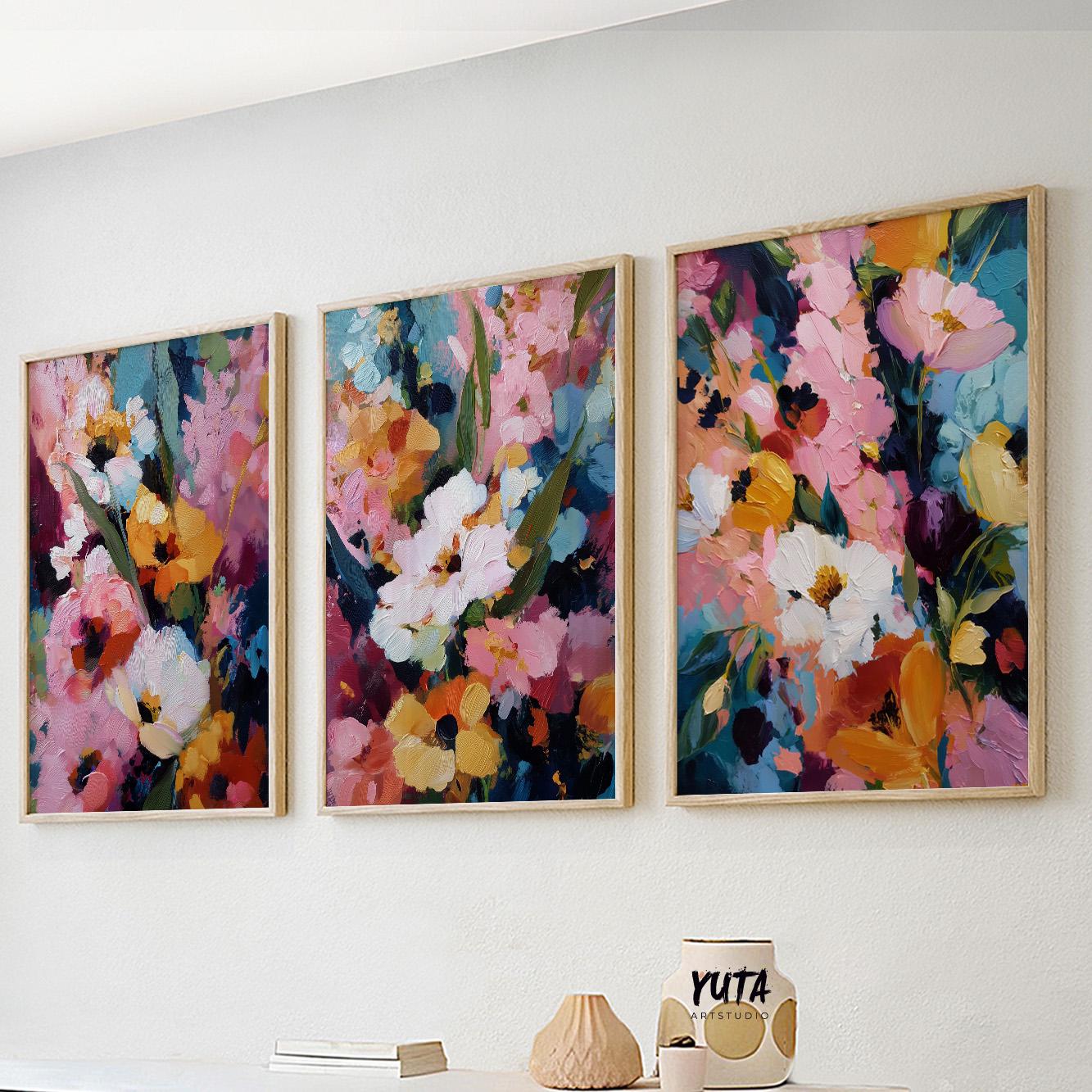 Abstract floral triptych wall art with colorful modern flower painting in pink blue and yellow tones
