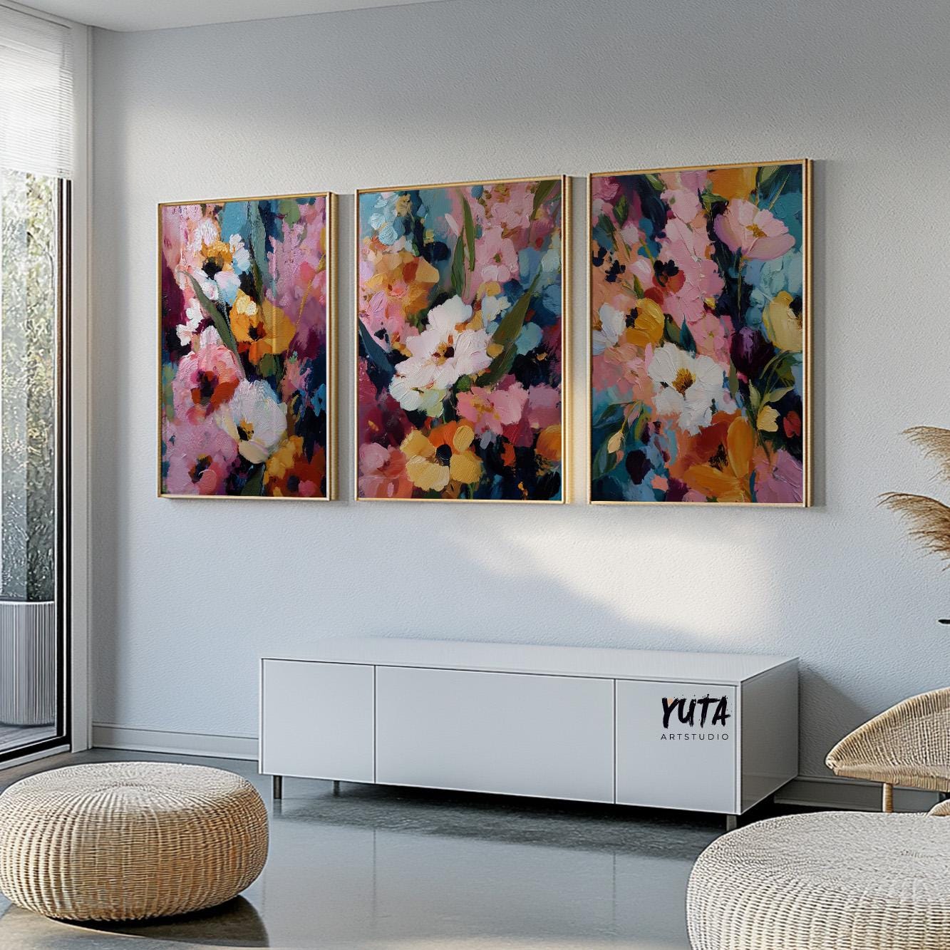 Floral triptych painting with pink coral blue and green abstract flowers