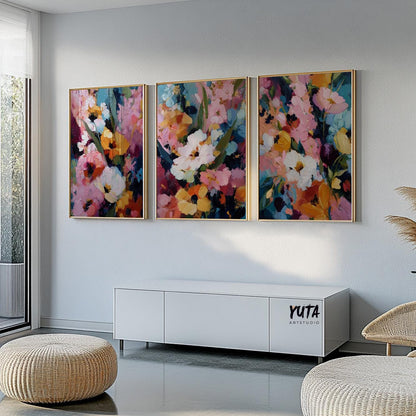 Floral triptych painting with pink coral blue and green abstract flowers