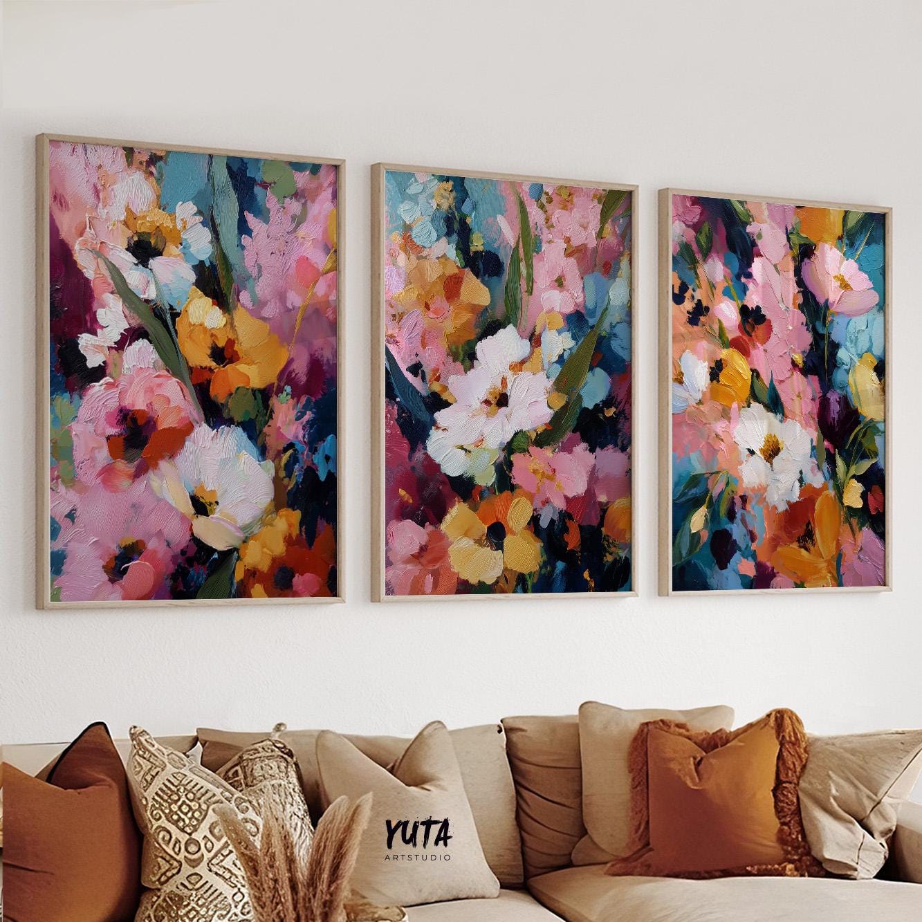 Abstract botanical wall art featuring layered floral shapes and bold textures