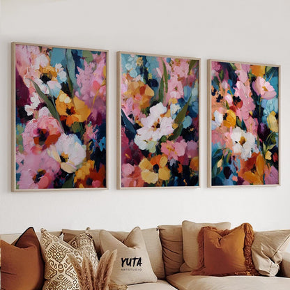 Abstract botanical wall art featuring layered floral shapes and bold textures