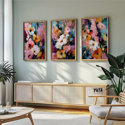 Contemporary floral abstract art with dynamic composition and rich color palette