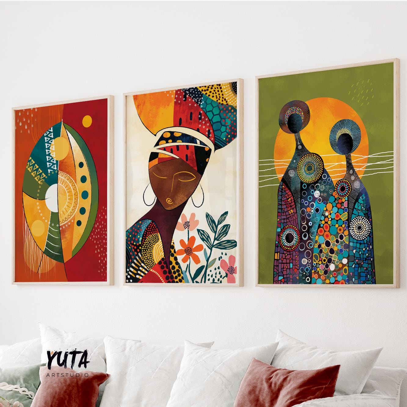 African abstract wall art triptych with modern ethnic figures and bold geometric patterns