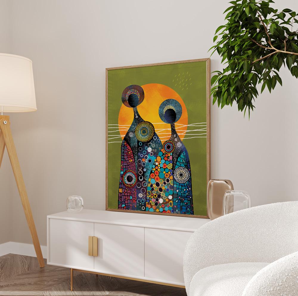 Colorful African abstract triptych wall art with modern folk style illustration