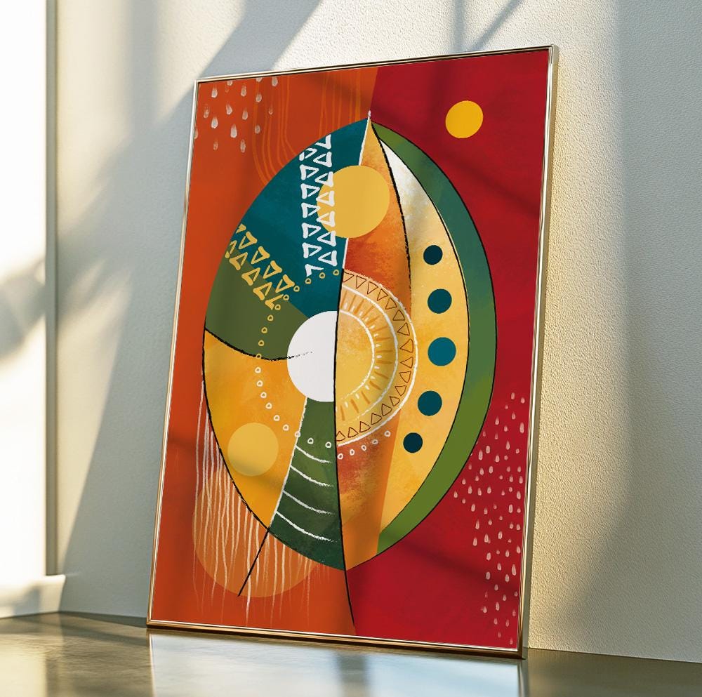 African modern art prints with bold shapes, warm tones and expressive design