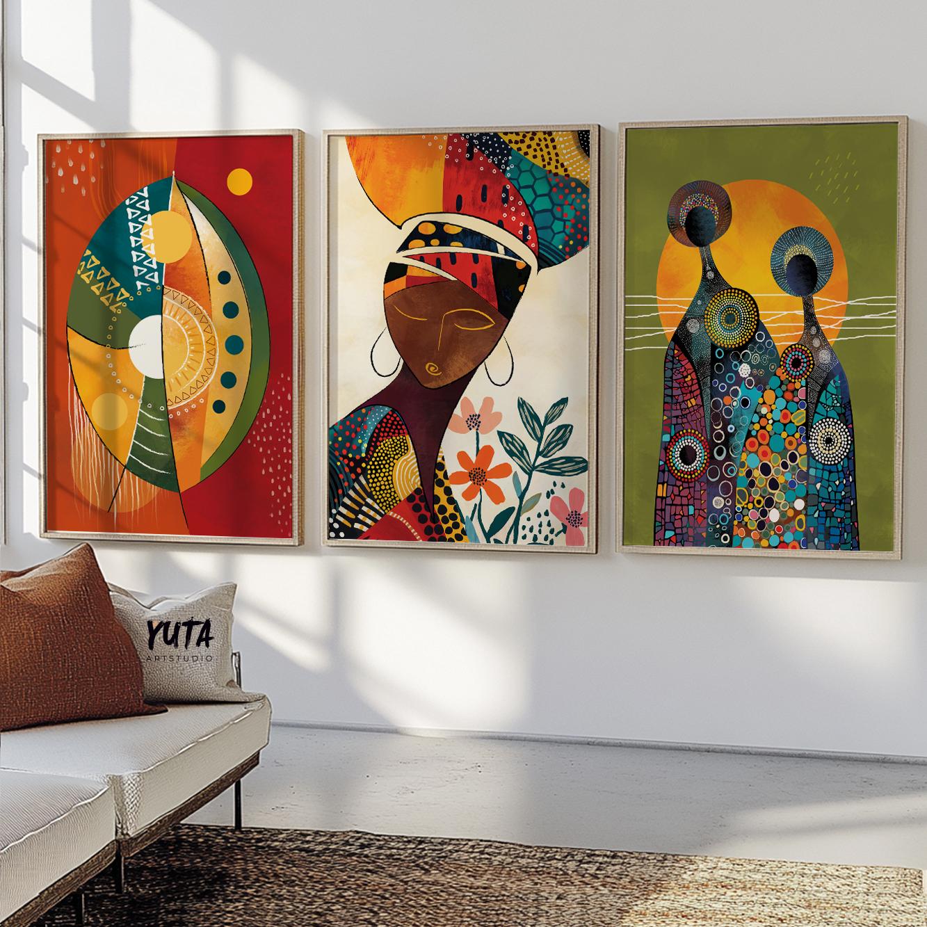 Ethnic abstract wall art set with modern African figures and decorative patterns