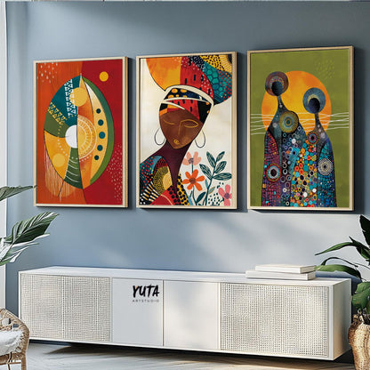 Contemporary African inspired artwork with vibrant colors and cultural motifs