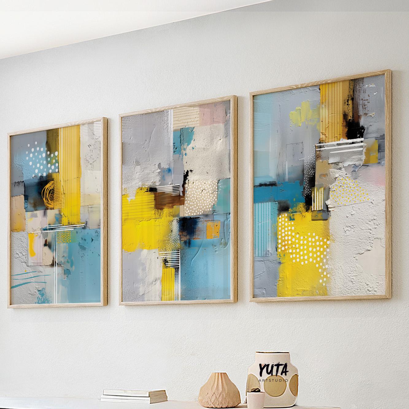 Modern abstract wall art set of three with yellow, blue and white textures