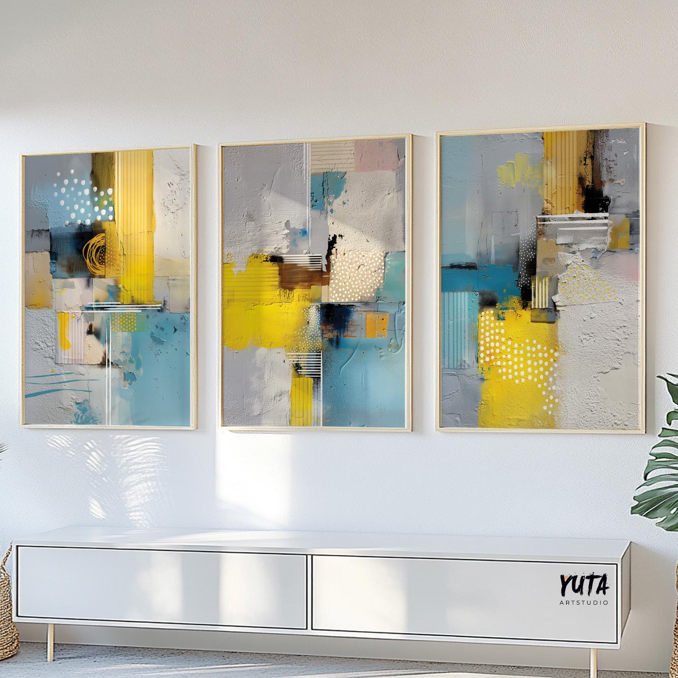 Abstract painting set showing layered textures, dots and brush strokes