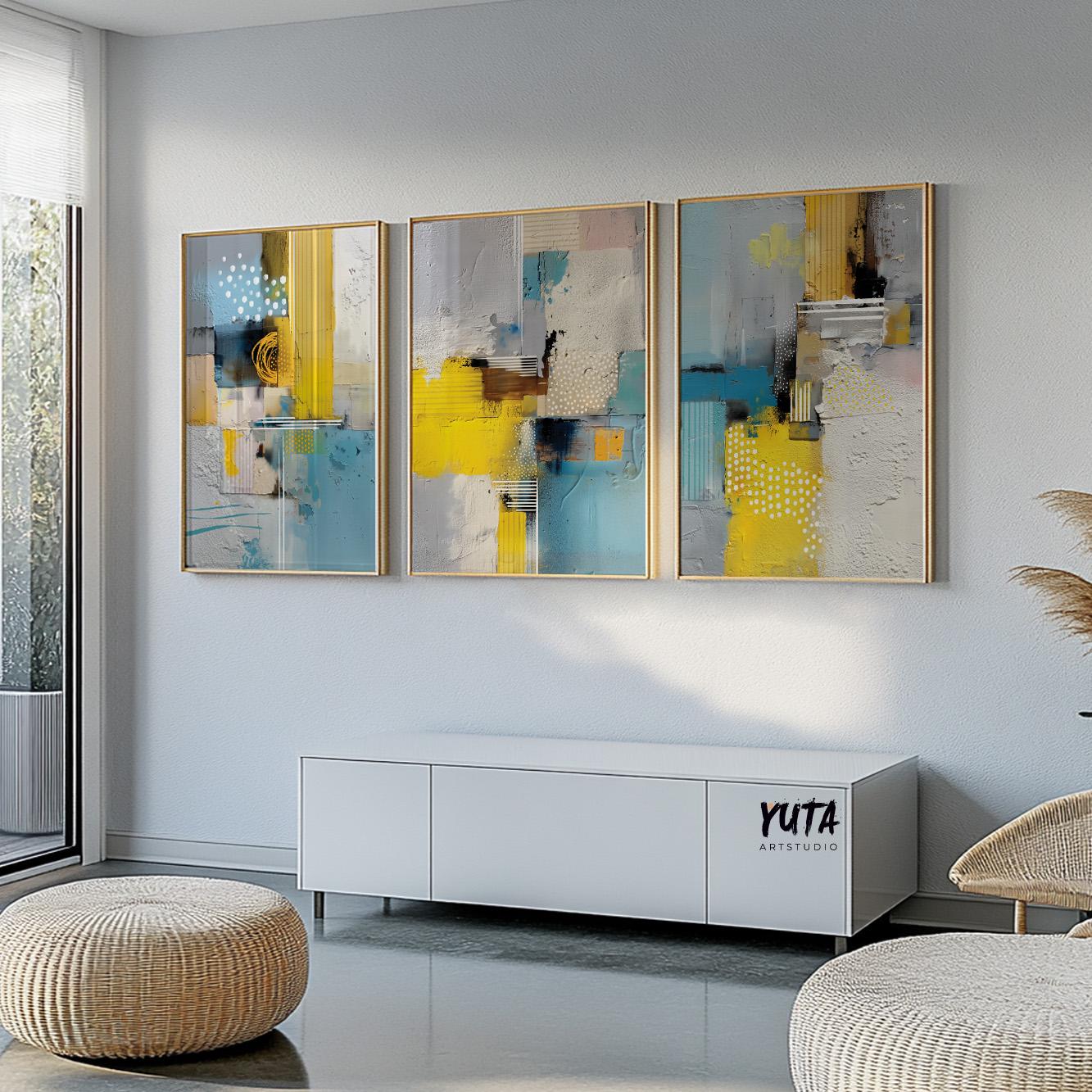 Large abstract canvas prints in yellow and aqua for living room decor