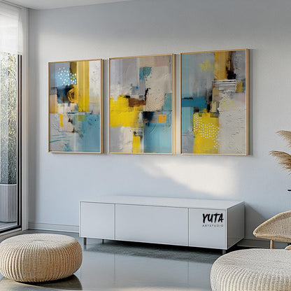 Large abstract canvas prints in yellow and aqua for living room decor