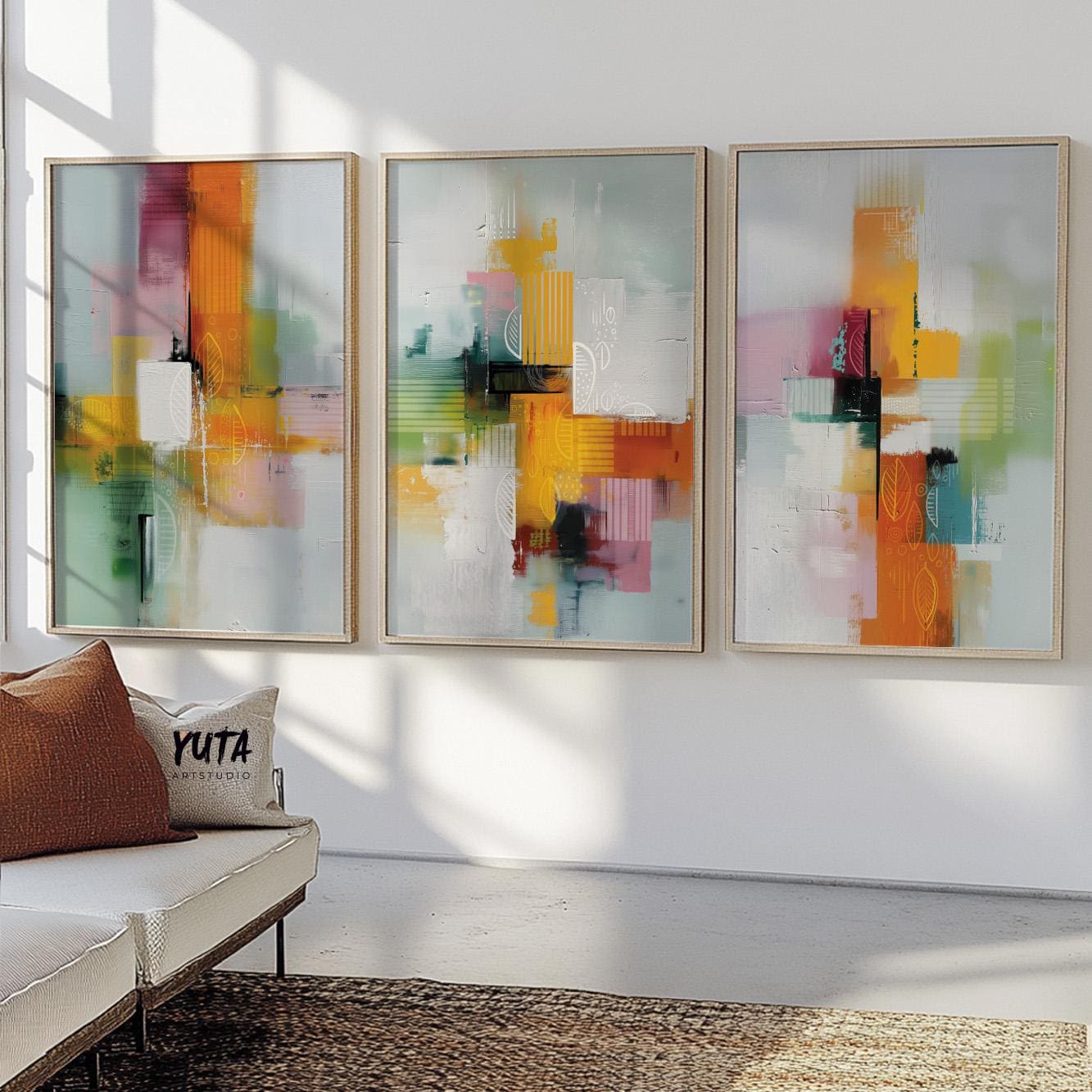 Set of 3 abstract prints with expressive color blocks and soft gradients