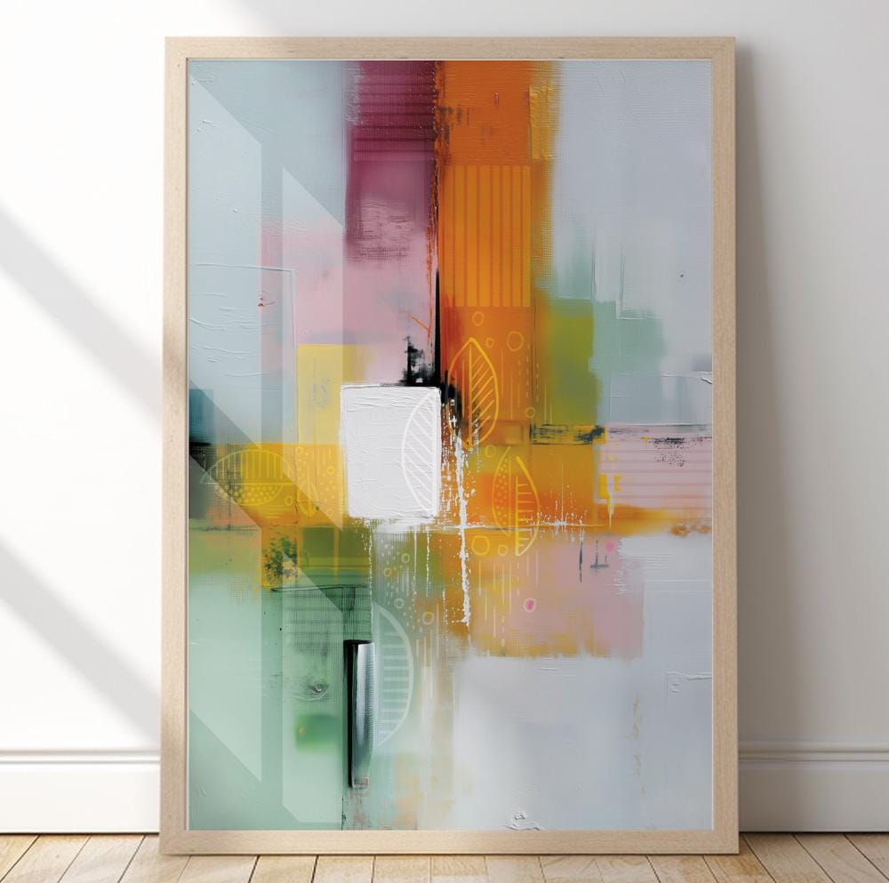 Large abstract art set in orange, teal, green and soft neutral shades