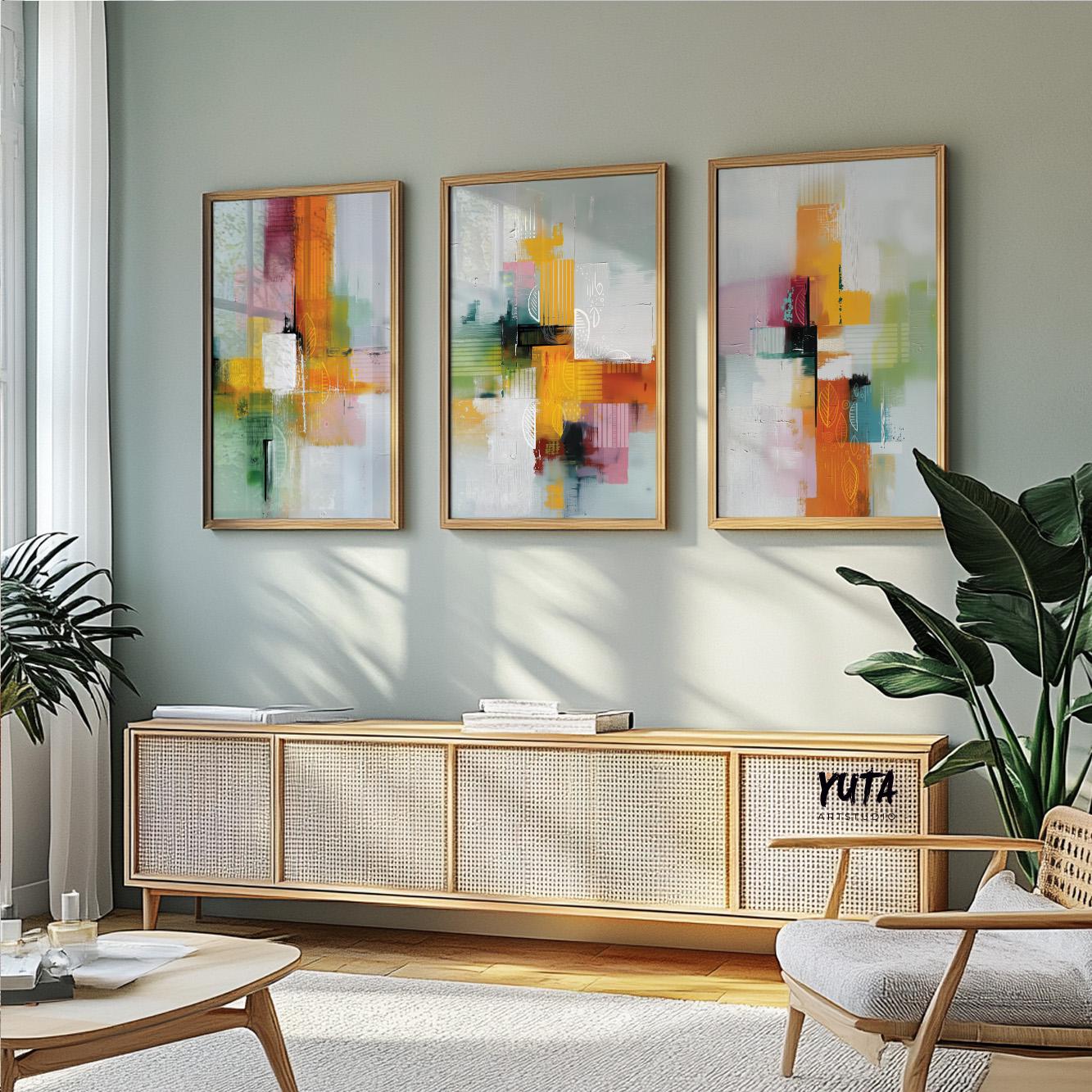 Geometric abstract painting trio with bold shapes and layered textures
