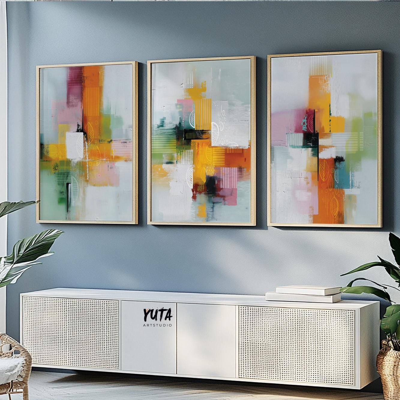 Contemporary triptych artwork combining bright hues and subtle patterns