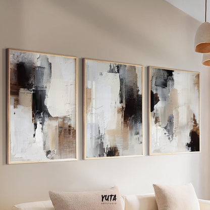 Minimalist abstract composition in beige, taupe, white, and black tones with rough paint texture.