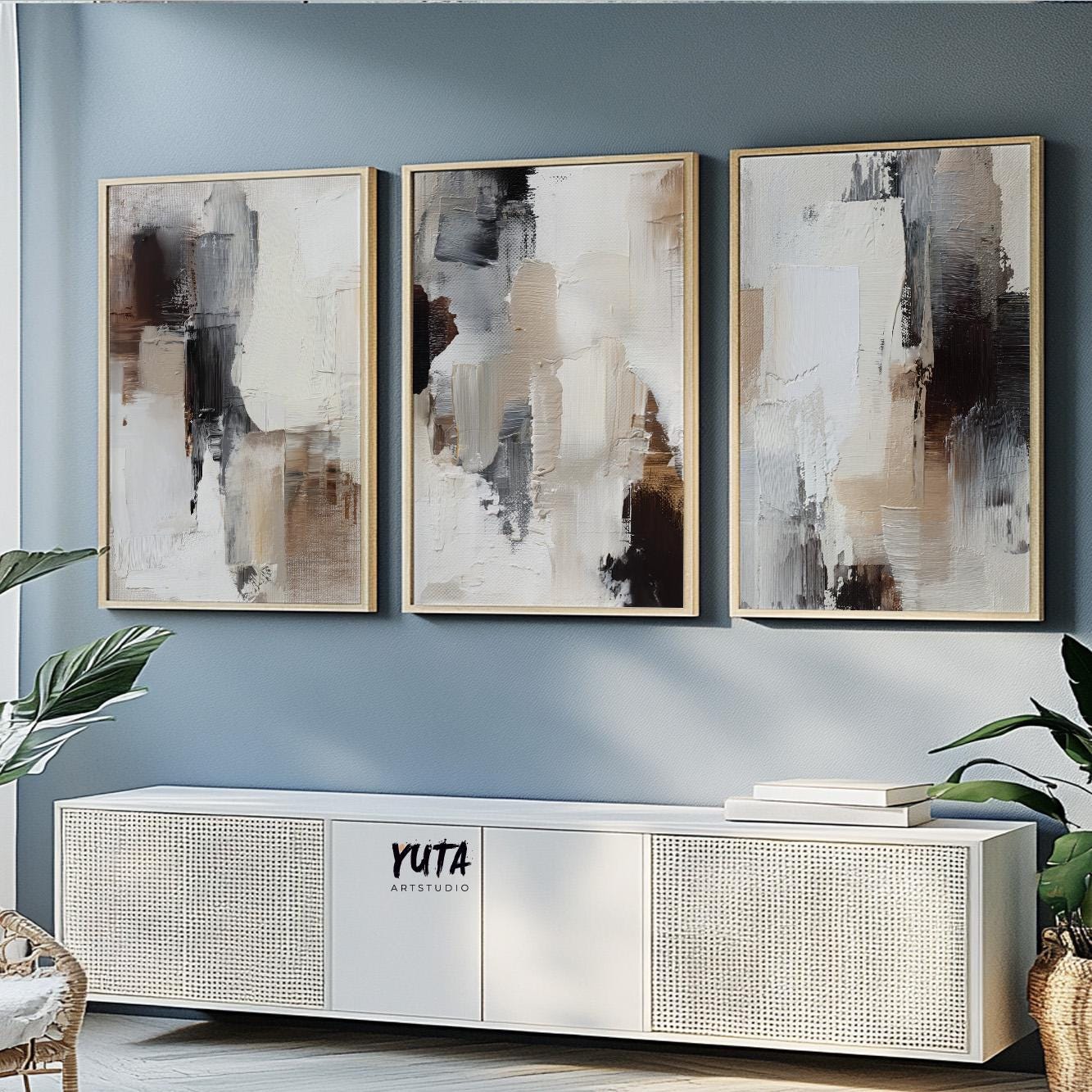Neutral color abstract artwork with blended brush textures in beige, brown, and grey hues.
