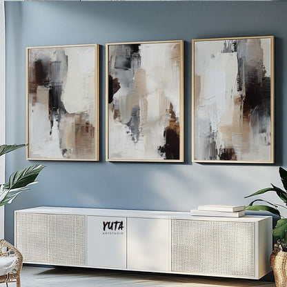 Neutral color abstract artwork with blended brush textures in beige, brown, and grey hues.