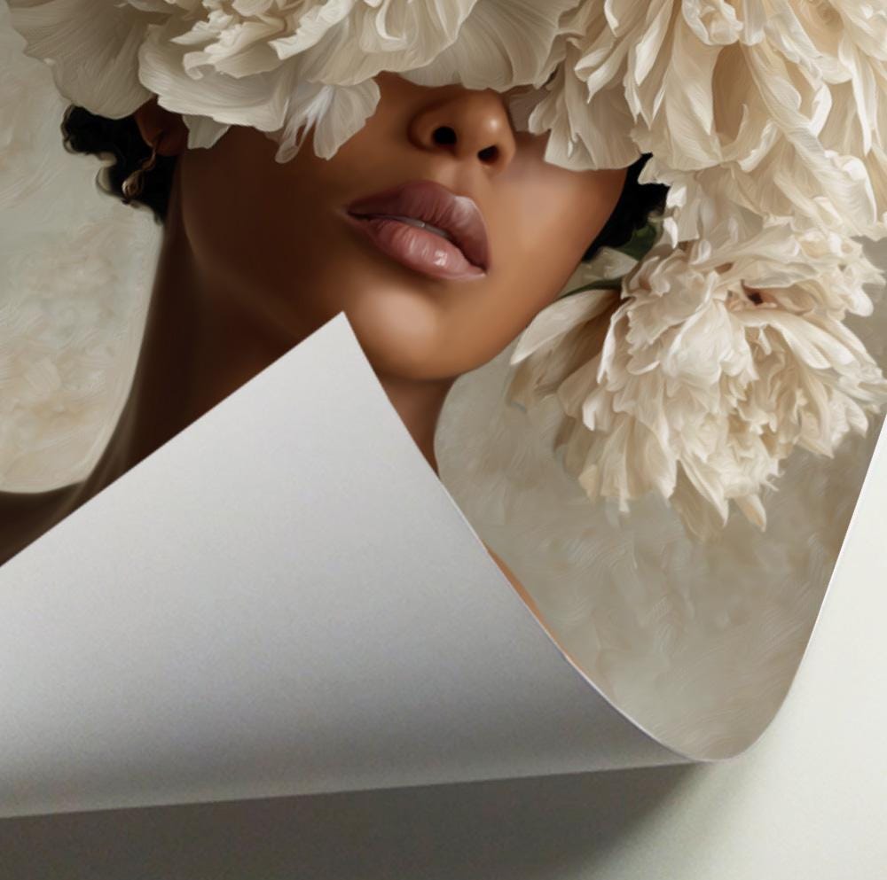 Modern Floral Black Woman Art Print, Neutral Feminine Artwork, Luxury Botanical Wall Decor,Woman with White Peonies Poster