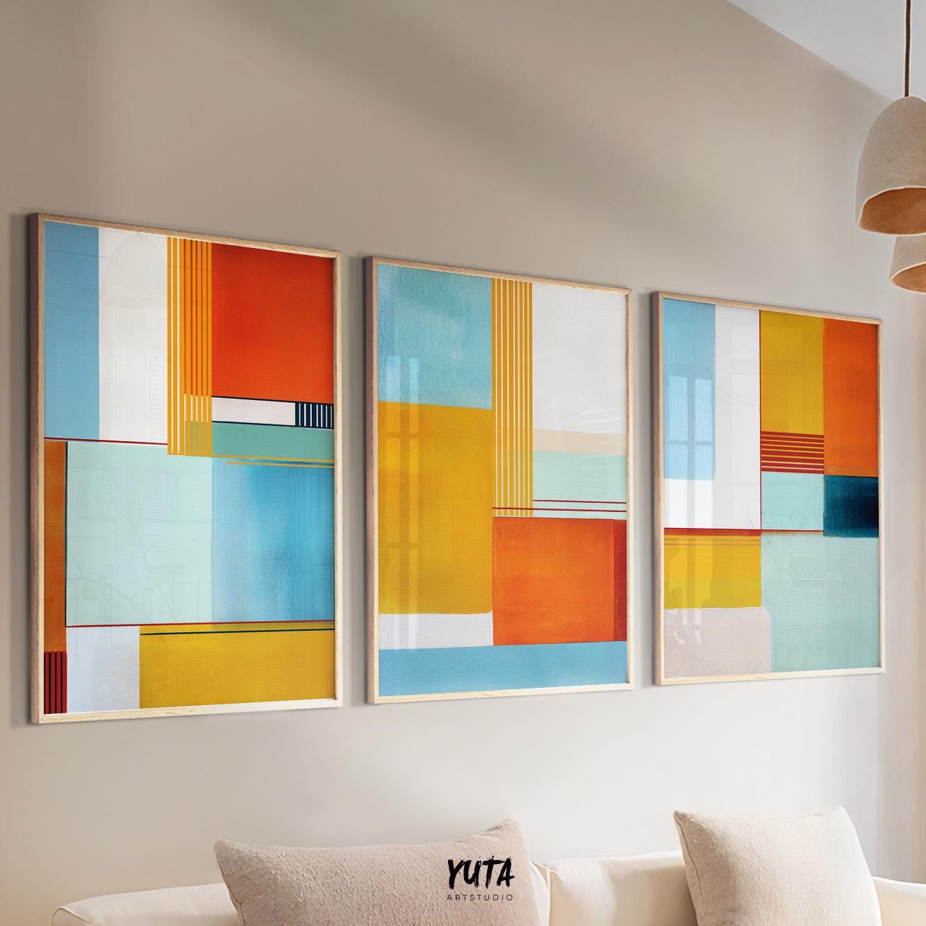 Geometric art print with vibrant shapes in orange, aqua, mustard, and red accents.